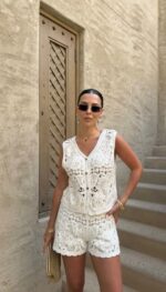 White Crochet Sleeveless Top and Shorts Set - Image 2