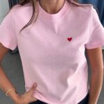 Pink Heart Embroidered Women's T-Shirt