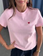 Pink Heart Embroidered Women's T-Shirt