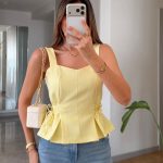 Yellow Blue Peplum Sleeveless Top