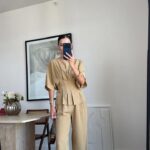 Beige Pleated Top and Wide Leg Pants Set