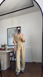 Beige Pleated Top and Wide Leg Pants Set