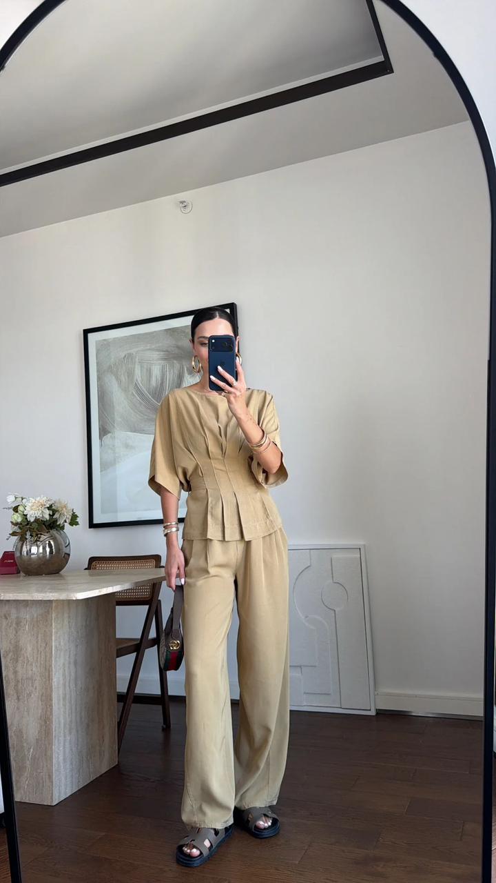 f4b03306-0fb3-4d5f-bdba-9590f164367d Beige Pleated Top and Wide Leg Pants Set - Image 1