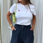 White T-Shirt with Red Heart Embroidery