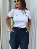 White T-Shirt with Red Heart Embroidery