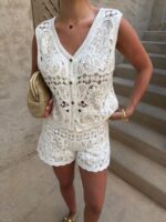White Crochet Sleeveless Top and Shorts Set - Image 5