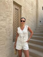 White Crochet Sleeveless Top and Shorts Set - Image 3