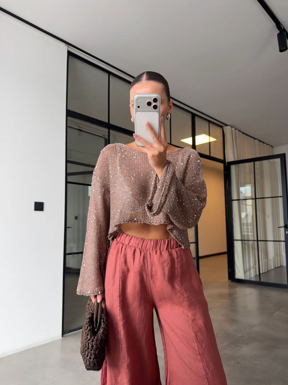 01c14cee-8142-401c-8f54-1cedce8cd2aa Brown Sequin Long Sleeve Crop Top - Image 1