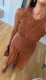 Rust Smocked Bodice Sleeveless Midi Dress - Image 2