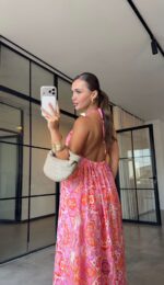 Pink Orange Paisley Halter Maxi Dress - Image 3