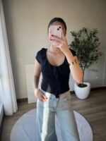 Black Ruffle Front Short Sleeve Top