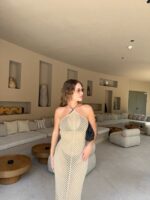 Beige Sheer Knit Halter Cover-Up Dress