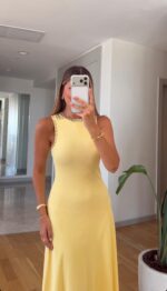 Yellow Sleeveless Maxi Dress With Embellished Neckline