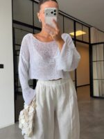 White Knit Cropped Sweater Top