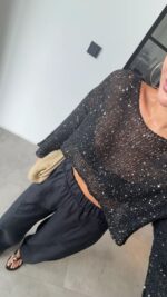 Black Sequin Long Sleeve Crop Top - Image 2