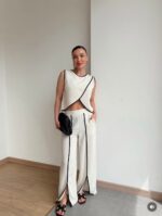White Sleeveless Top and Pants Set With Black Trim - Image 6