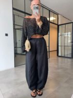 Black Wide Leg High Waist Linen Pants - Image 2