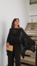 Black Sheer Glitter Poncho Top - Image 2