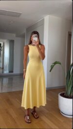 Yellow Sleeveless Maxi Dress With Embellished Neckline - Image 3