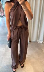 Brown Halter Top and Wide Leg Pants Set - Image 3