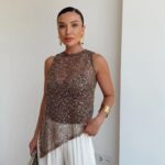 Brown Sequin Asymmetric Sleeveless Blouse