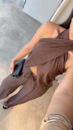 Brown Halter Top and Wide Leg Pants Set - Image 4