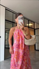 Pink Orange Paisley Halter Maxi Dress
