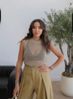 Beige Knit Sleeveless Mesh Top