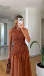 Rust Smocked Bodice Sleeveless Midi Dress - Image 4