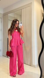 Pink Striped Sleeveless Top and Pants Set