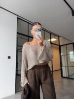 Metallic Knit Cropped Long Sleeve Top