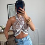 Paisley Halter Crop Top Brown White
