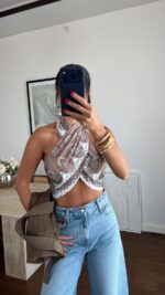 Paisley Halter Crop Top Brown White