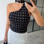 Black Polka Dot One Shoulder Top