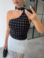 Black Polka Dot One Shoulder Top