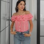 Red Gingham Off Shoulder Ruffle Top