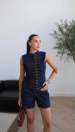 Sleeveless Dark Denim Button-Up Set - Image 2