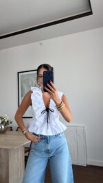White Ruffle Blouse With Black Ribbon Tie - Image 2