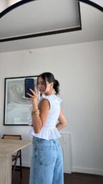 White Ruffle Blouse With Black Ribbon Tie - Image 4
