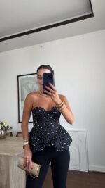 Black Polka Dot Peplum Corset Top - Image 3