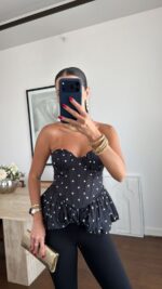 Black Polka Dot Peplum Corset Top