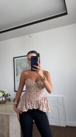 Beige Polka Dot Peplum Corset Top