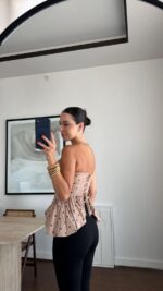 Beige Polka Dot Peplum Corset Top - Image 2