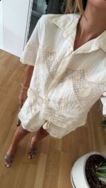 Cream Lace Button Up Shirt and Shorts Set - Image 3
