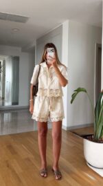 Cream Lace Button Up Shirt and Shorts Set