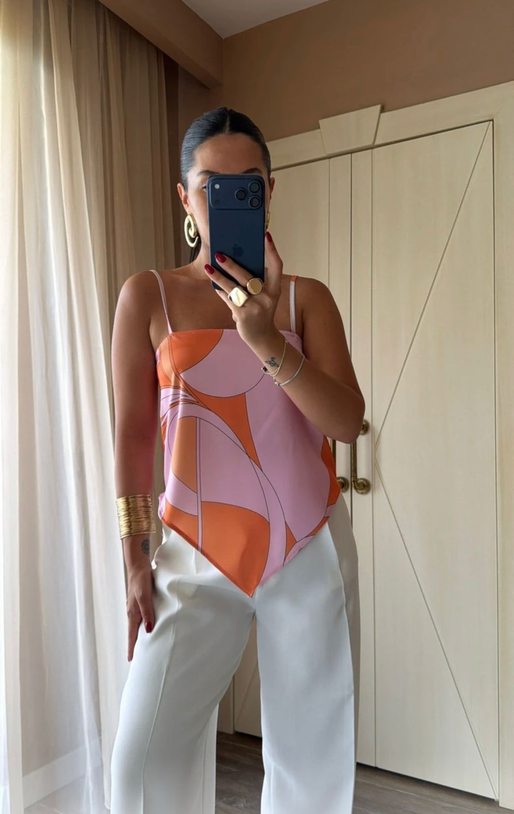 WhatsApp Image 2026-06-17 at 10.33.36 AM Pink Orange Abstract Print Camisole Top - Image 1