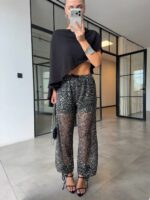 Black Sequin Sheer Wide Leg Pants - Image 2