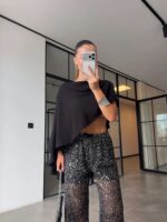 Black Sequin Sheer Wide Leg Pants - Image 5