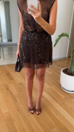 Brown Sheer Sequin Shirt and Skirt Set - Image 3