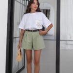 High Waist Light Green Pleated Shorts